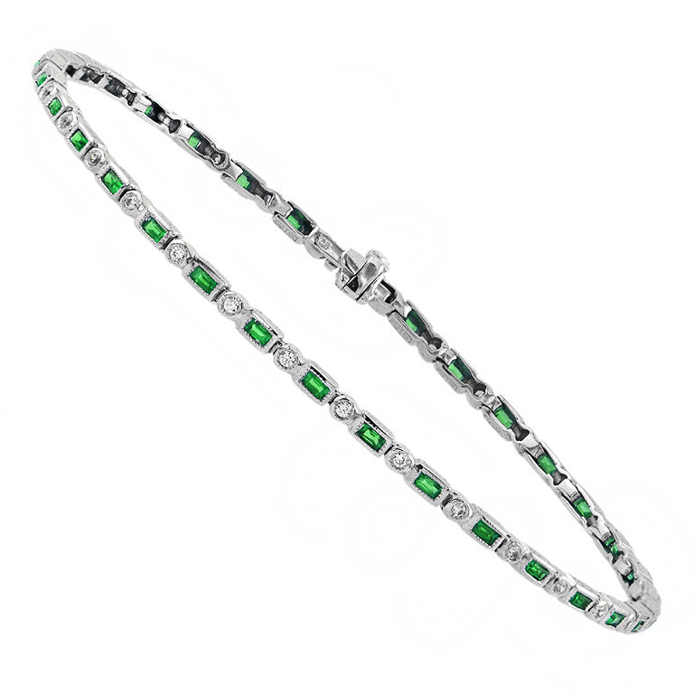 Art Deco Style  Baguette Emerald & Round Diamond Tennis Line White Gold Bracelet