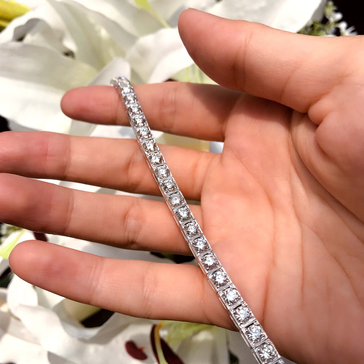 art deco style 2.95 ct. diamond milgrain detail 14k white gold tennis bracelet