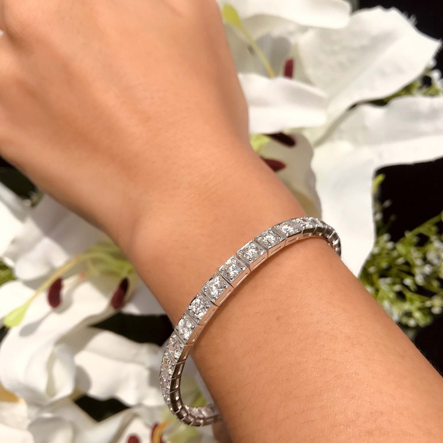 art deco style 2.95 ct. diamond milgrain detail 14k white gold tennis bracelet
