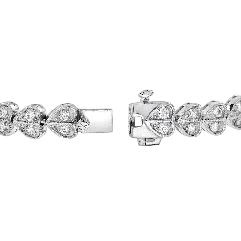 Heart Motif Shape Vintage Inspired Diamond Tennis Line 14K White Gold Bracelet