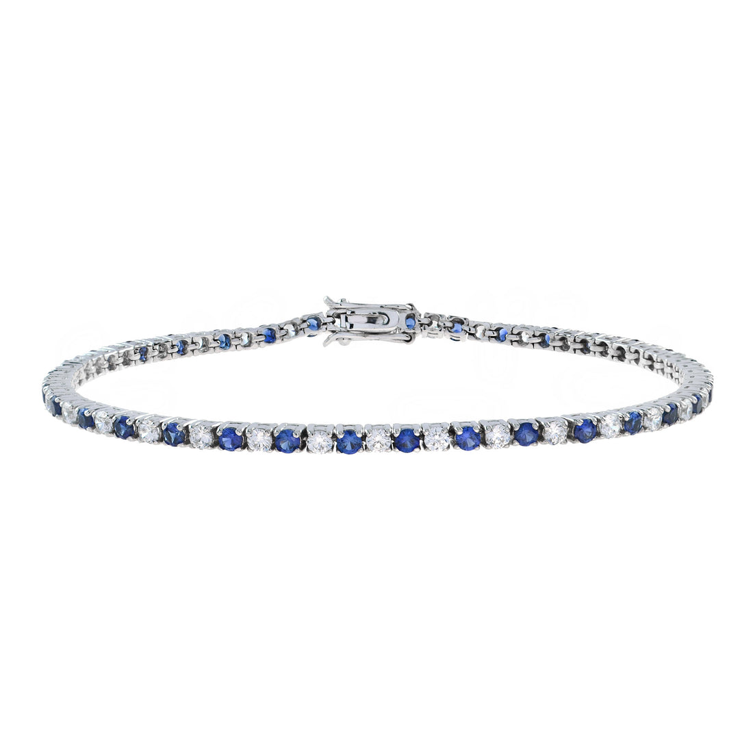 Alternate Round Blue Sapphire &amp; Diamond Tennis Line 14K White Gold Bracelet