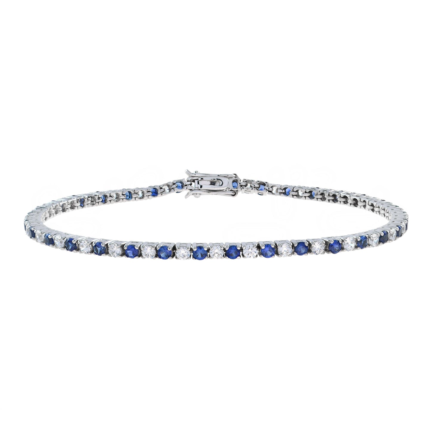 alternate round blue sapphire & diamond tennis line 14k white gold bracelet