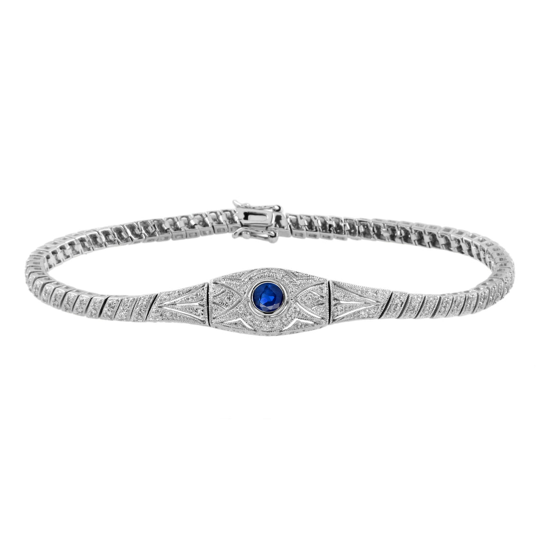 Round Blue Sapphire & Diamond Art Deco Inspired Design White Gold Bracelet