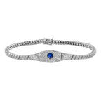 Round Blue Sapphire & Diamond Art Deco Inspired Design White Gold Bracelet