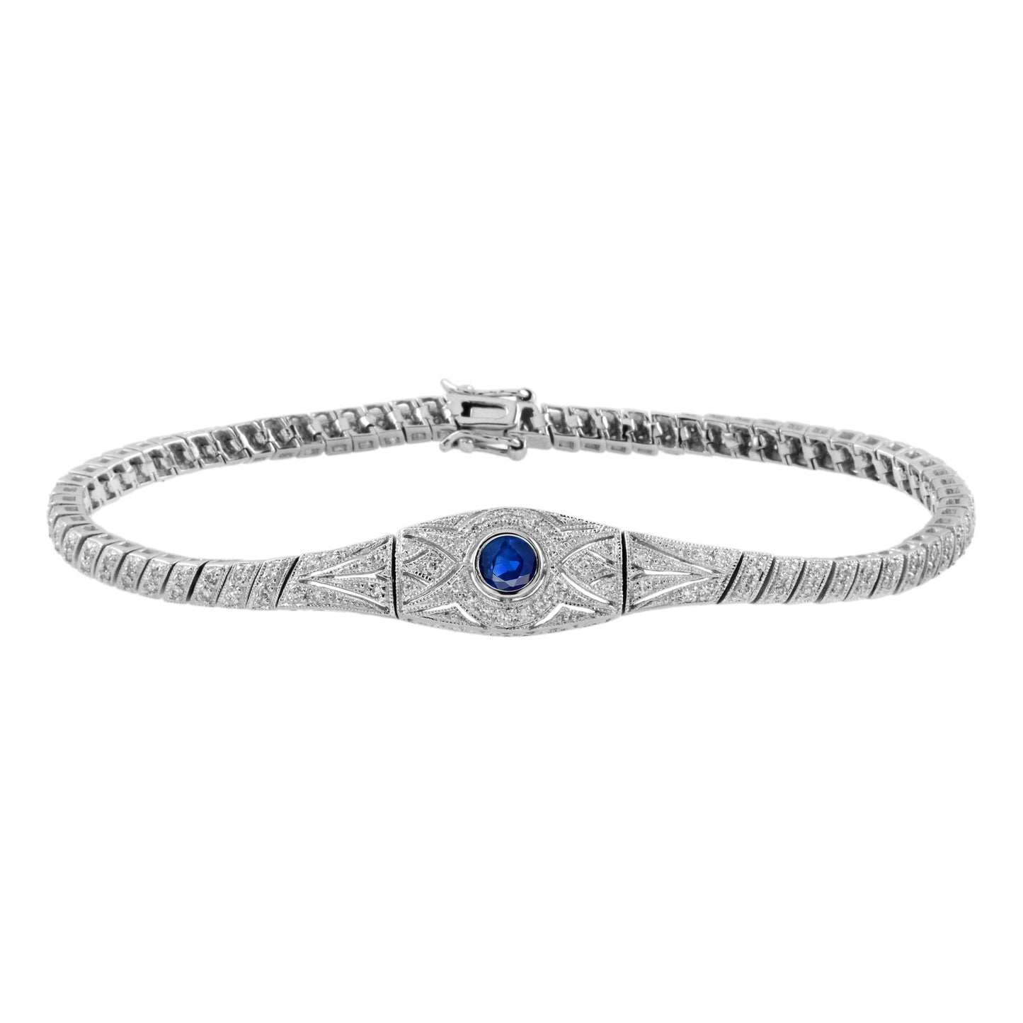 round blue sapphire & diamond art deco inspired design white gold bracelet