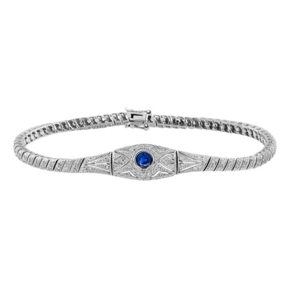 Round Blue Sapphire & Diamond Art Deco Inspired Design White Gold Bracelet