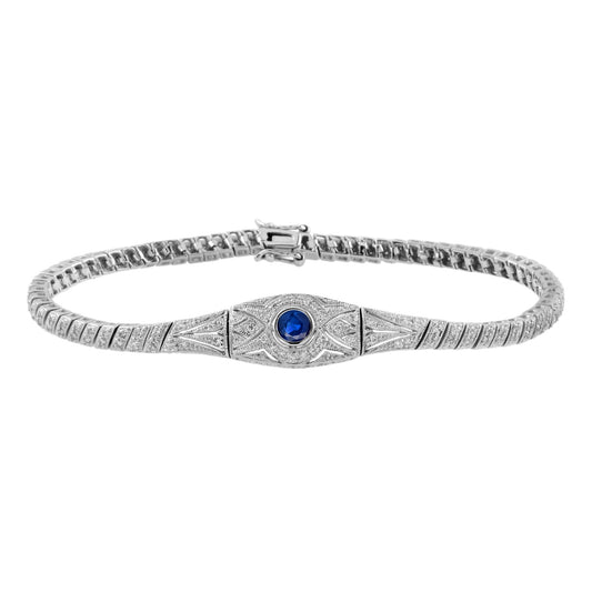 Round Blue Sapphire & Diamond Art Deco Inspired Design White Gold Bracelet
