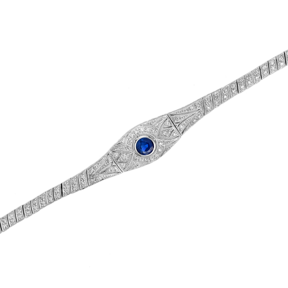 Round Blue Sapphire &amp; Diamond Art Deco Inspired Design White Gold Bracelet