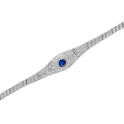 Round Blue Sapphire & Diamond Art Deco Inspired Design White Gold Bracelet