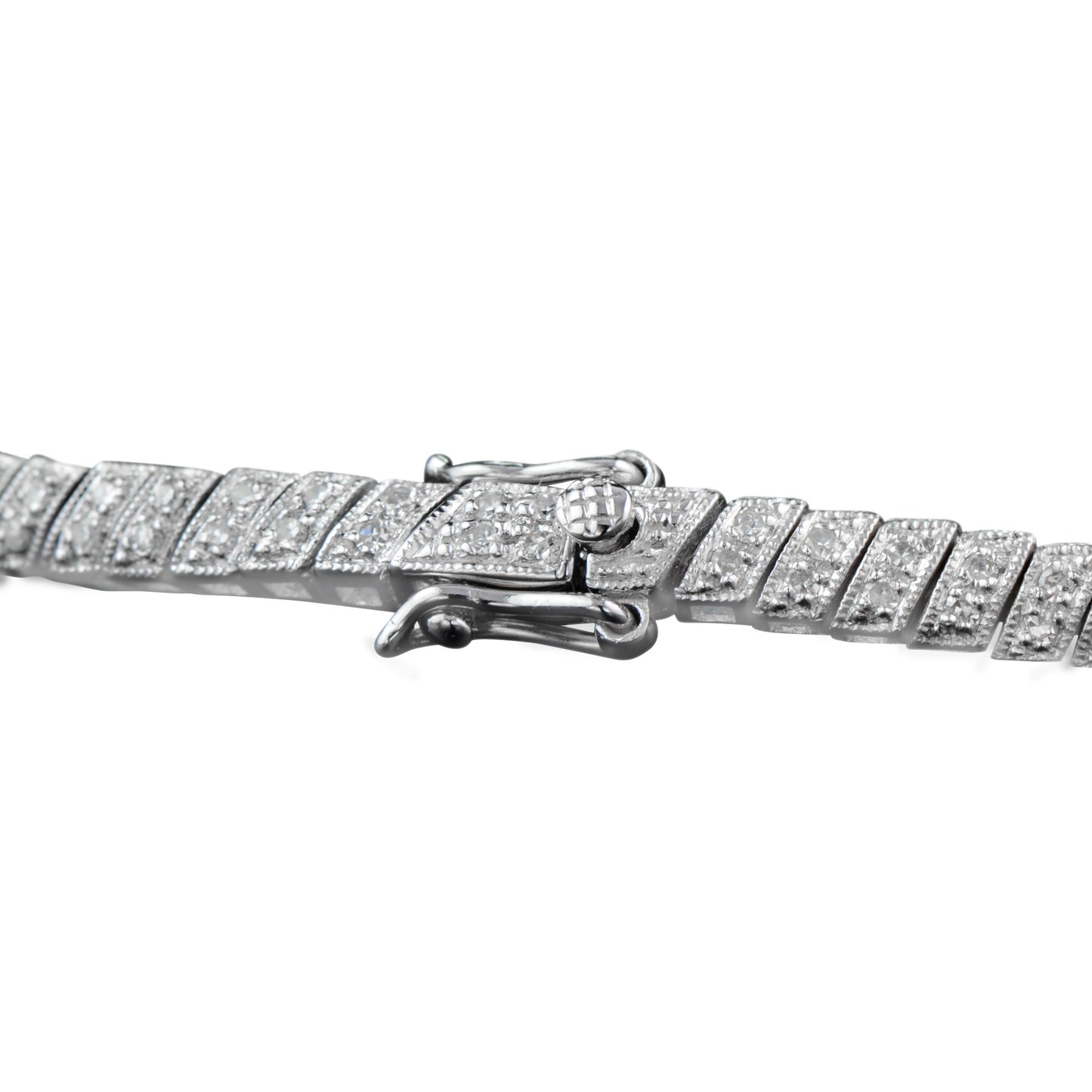 round blue sapphire & diamond art deco inspired design white gold bracelet