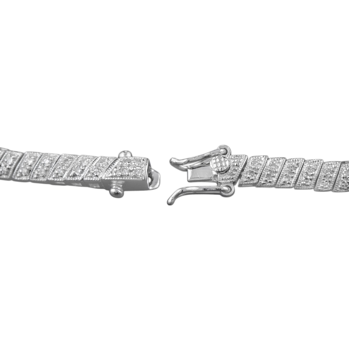 round blue sapphire & diamond art deco inspired design white gold bracelet