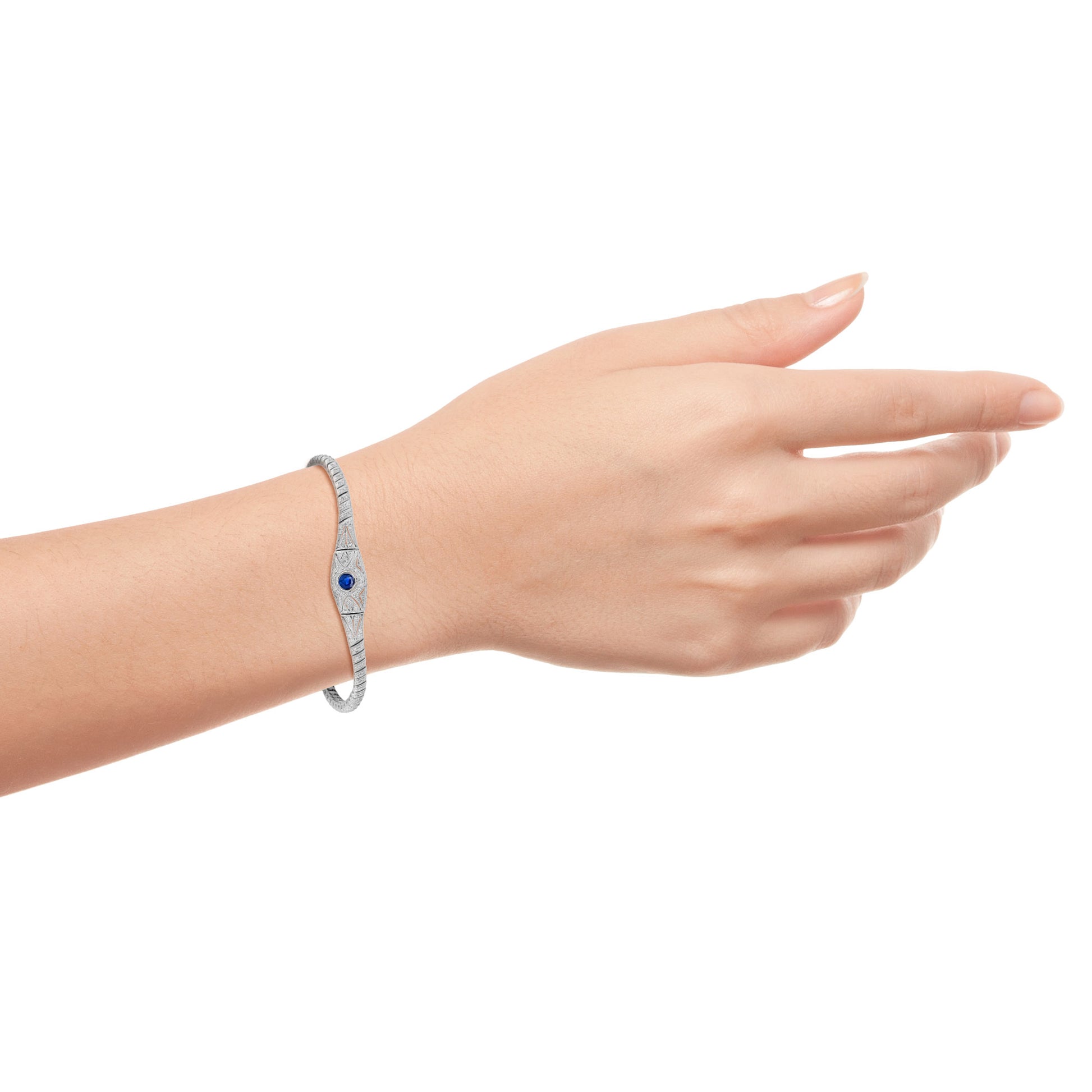 Round Blue Sapphire & Diamond Art Deco Inspired Design White Gold Bracelet