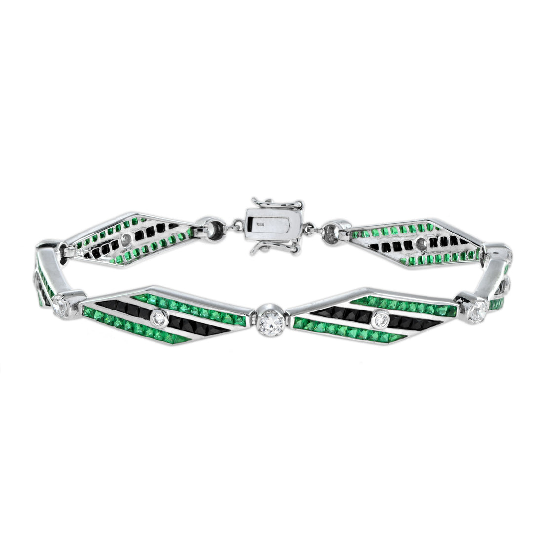 Art Deco Inspired Style Diamond & Emerald Onyx 14K White Gold Bracelet
