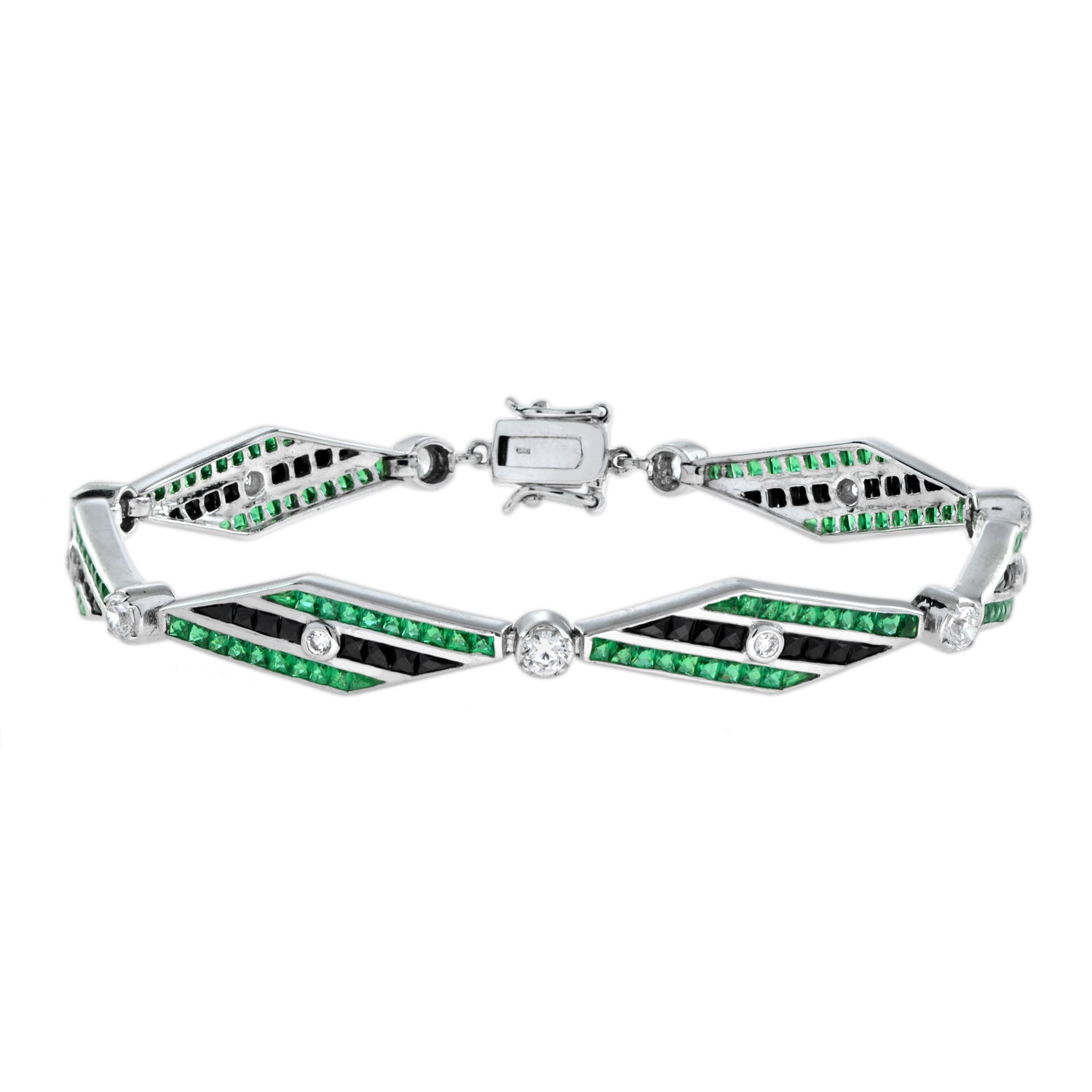 Art Deco Inspired Style Diamond &amp; Emerald Onyx 14K White Gold Bracelet