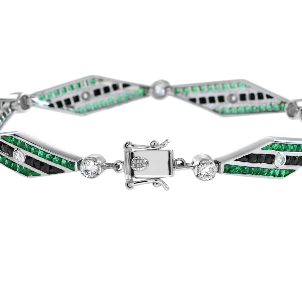 Art Deco Inspired Style Diamond & Emerald Onyx 14K White Gold Bracelet