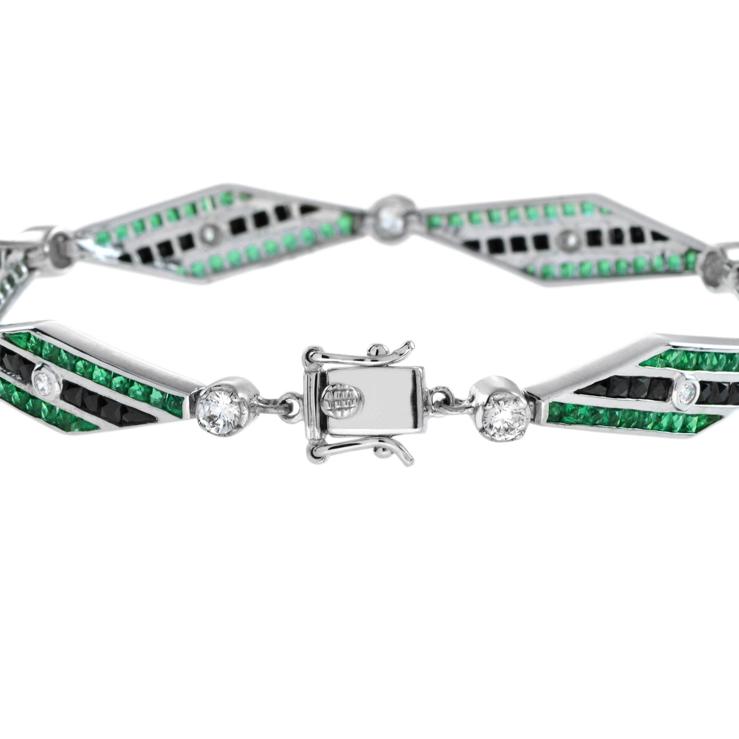 art deco inspired style diamond & emerald onyx 14k white gold bracelet