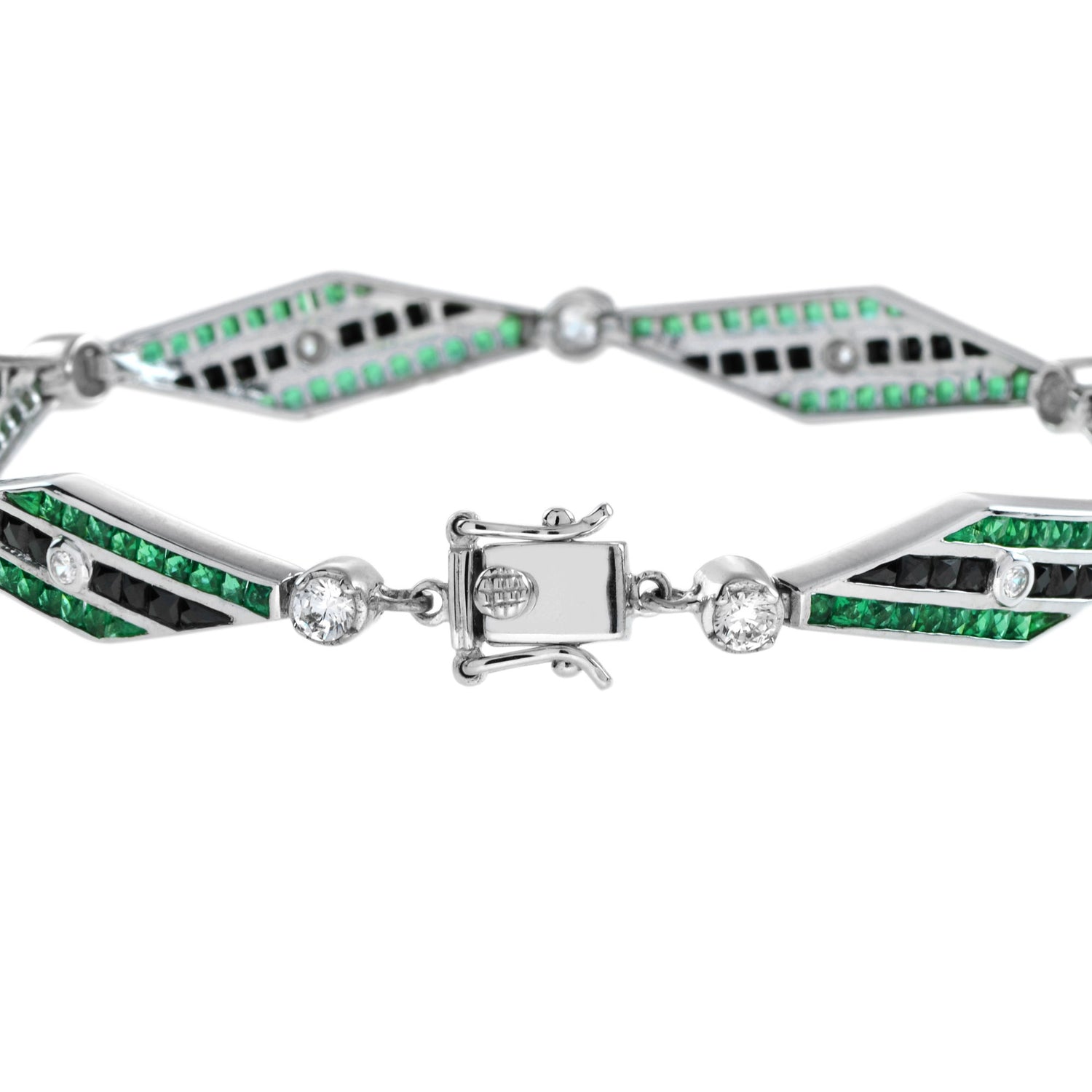 Art Deco Inspired Style Diamond &amp; Emerald Onyx 14K White Gold Bracelet