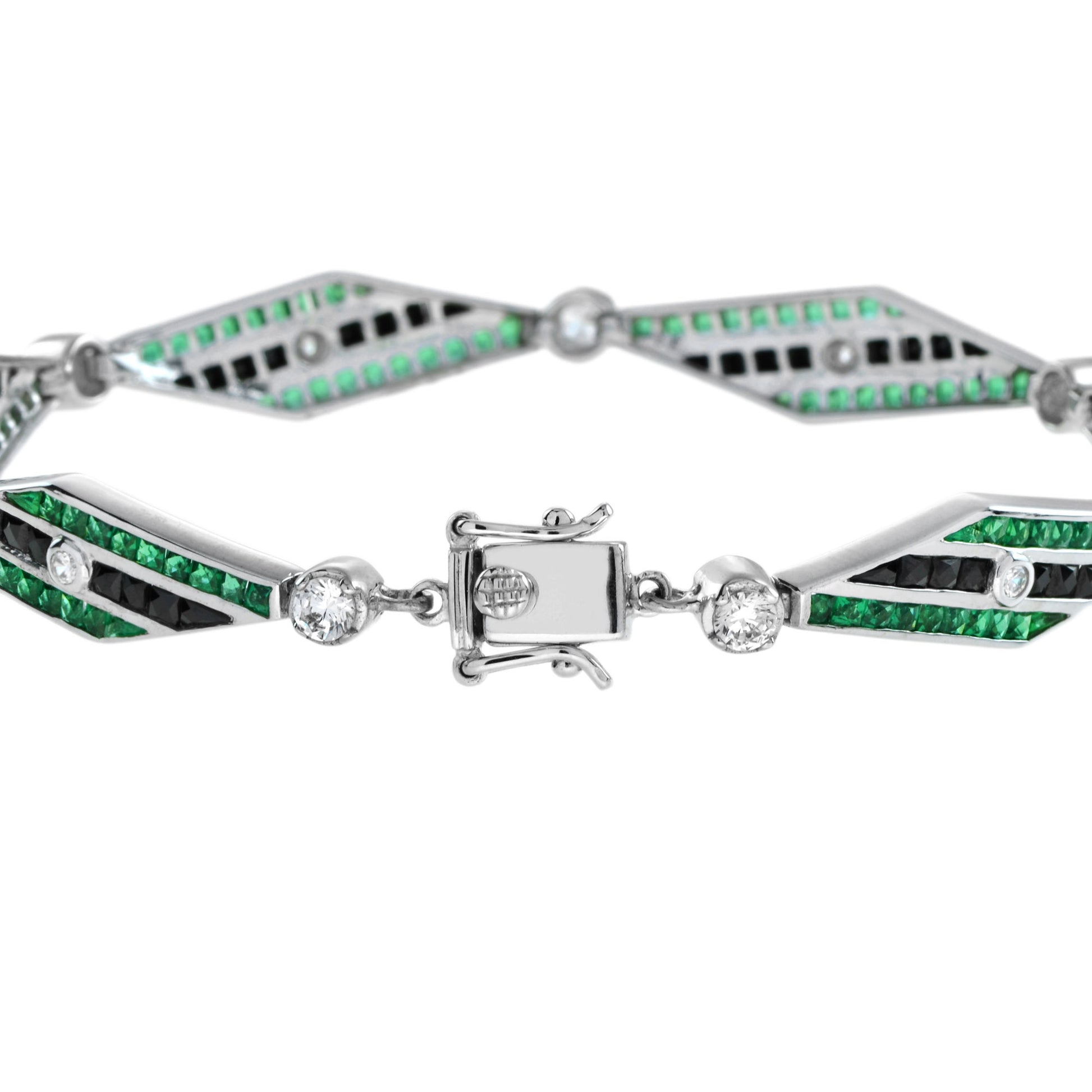 Art Deco Inspired Style Diamond & Emerald Onyx 14K White Gold Bracelet