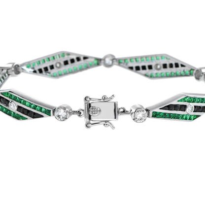 Art Deco Inspired Style Diamond & Emerald Onyx 14K White Gold Bracelet