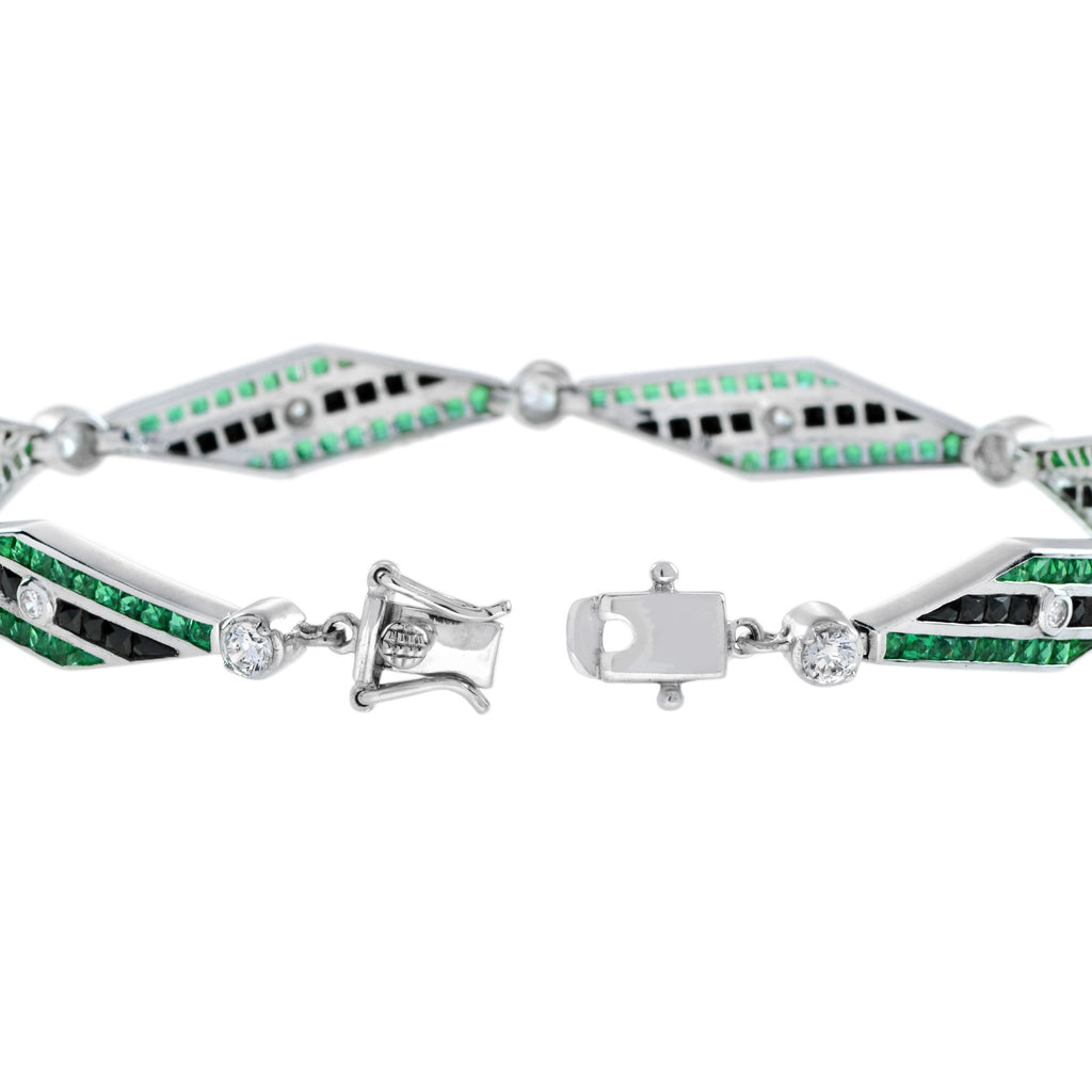 Art Deco Inspired Style Diamond & Emerald Onyx 14K White Gold Bracelet