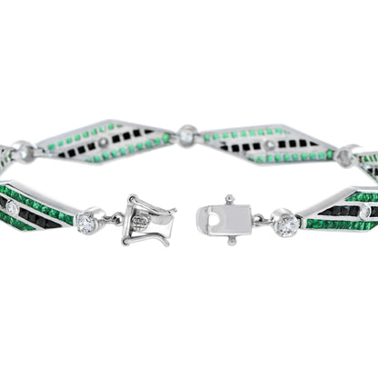 Art Deco Inspired Style Diamond & Emerald Onyx 14K White Gold Bracelet