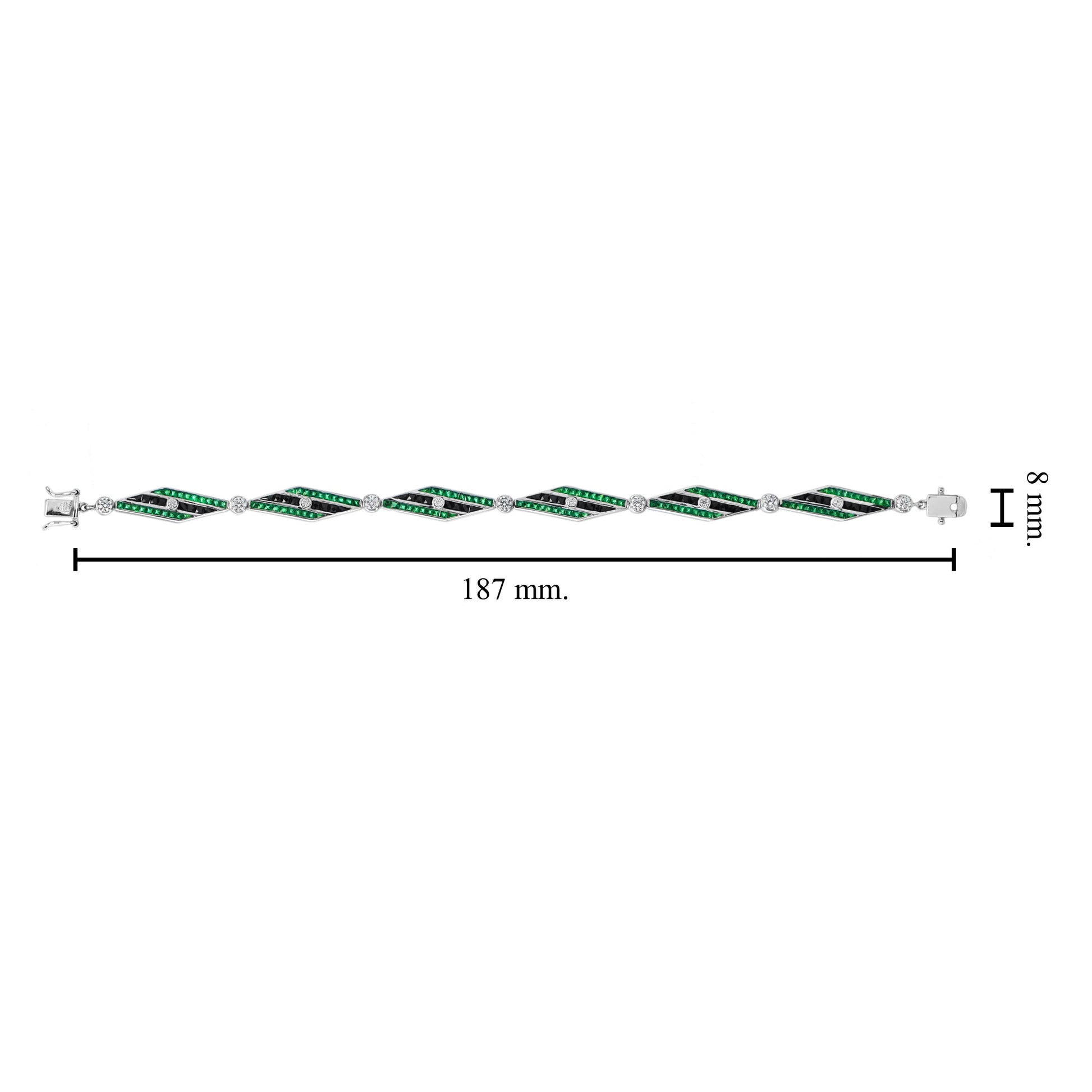 Art Deco Inspired Style Diamond & Emerald Onyx 14K White Gold Bracelet