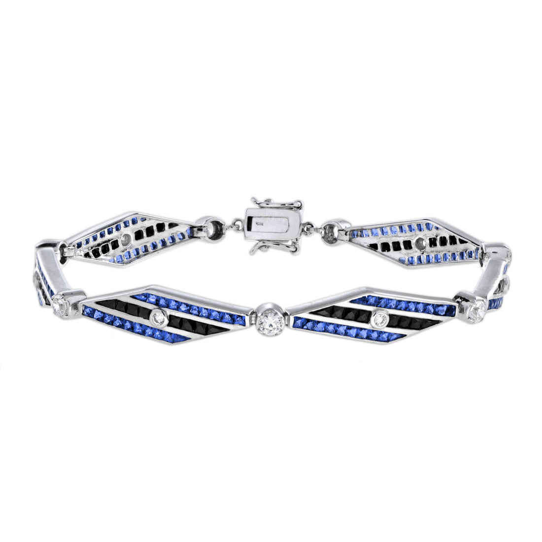 Diamond &amp; Blues Sapphire and Black Onyx Art Deco Style 14K White Gold Bracelet