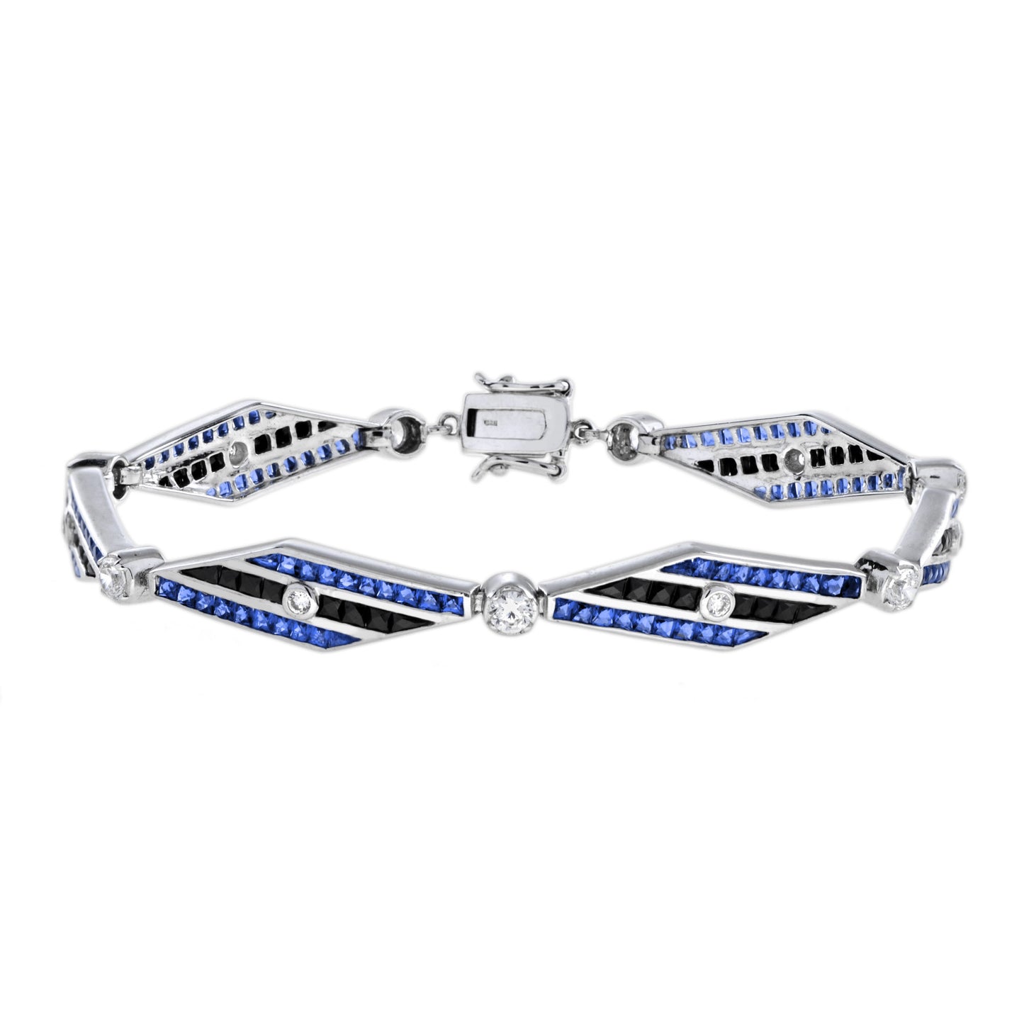 diamond & blues sapphire and black onyx art deco style 14k white gold bracelet