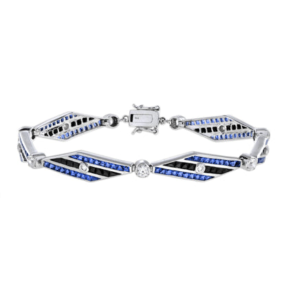 Diamond & Blues Sapphire and Black Onyx Art Deco Style 14K White Gold Bracelet
