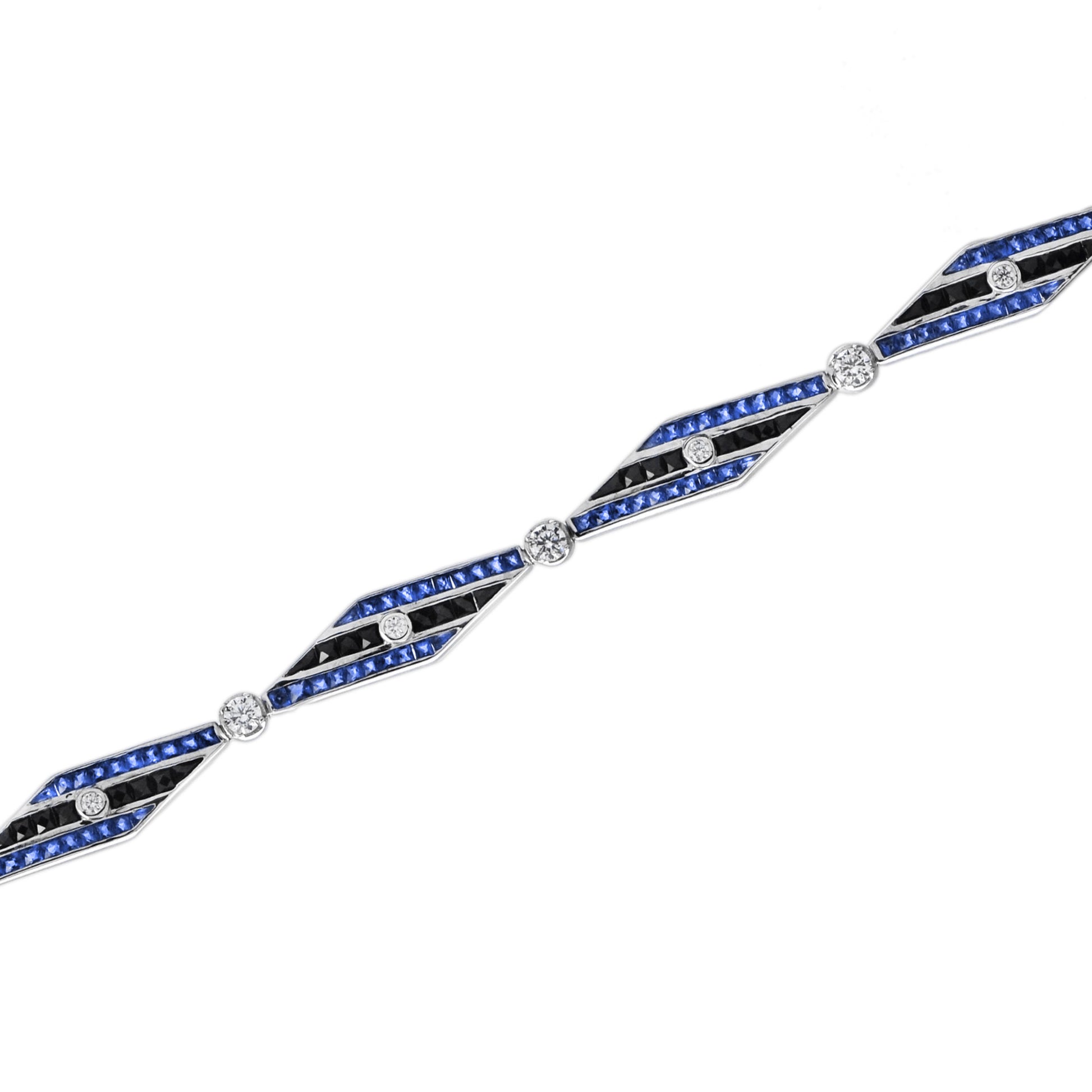 Diamond & Blues Sapphire and Black Onyx Art Deco Style 14K White Gold Bracelet
