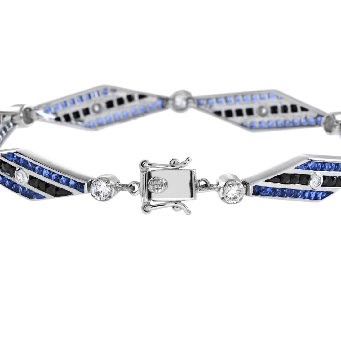 Diamond &amp; Blues Sapphire and Black Onyx Art Deco Style 14K White Gold Bracelet