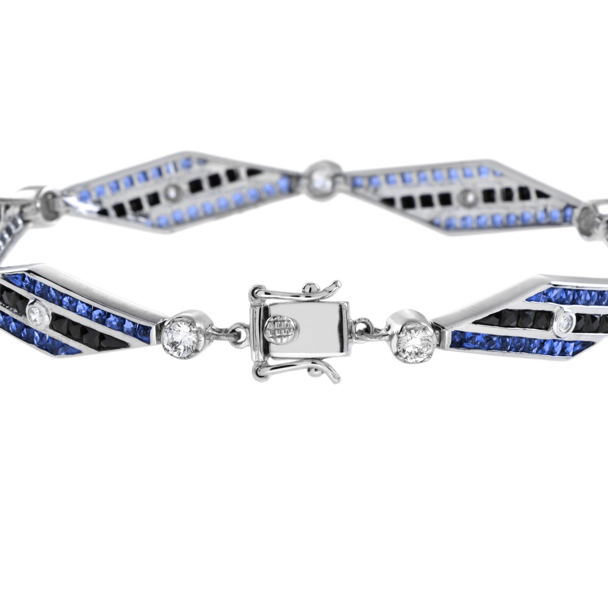 Diamond & Blues Sapphire and Black Onyx Art Deco Style 14K White Gold Bracelet
