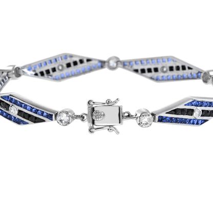 Diamond & Blues Sapphire and Black Onyx Art Deco Style 14K White Gold Bracelet