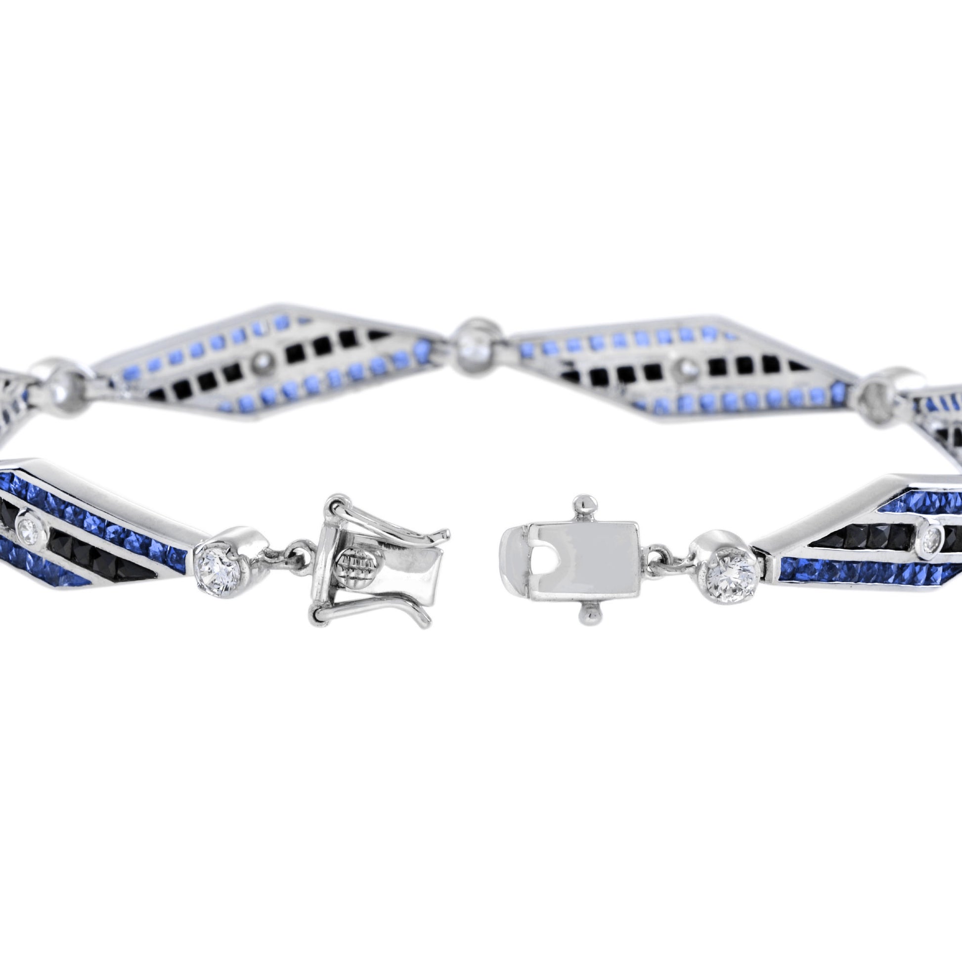 Diamond & Blues Sapphire and Black Onyx Art Deco Style 14K White Gold Bracelet