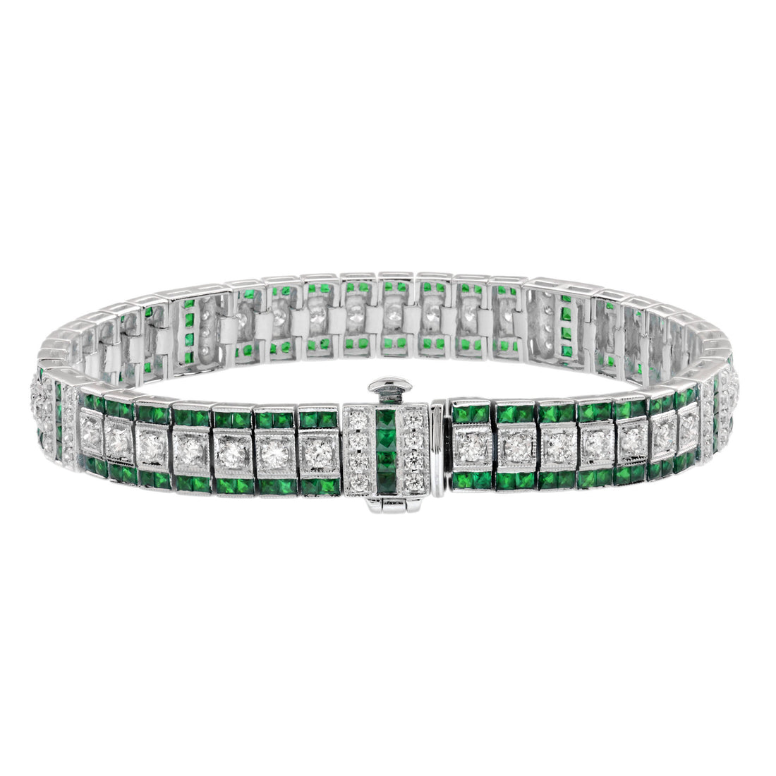 Diamond & Green Emerald Vintage Inspired Art Deco Style Link White Gold Bracelet