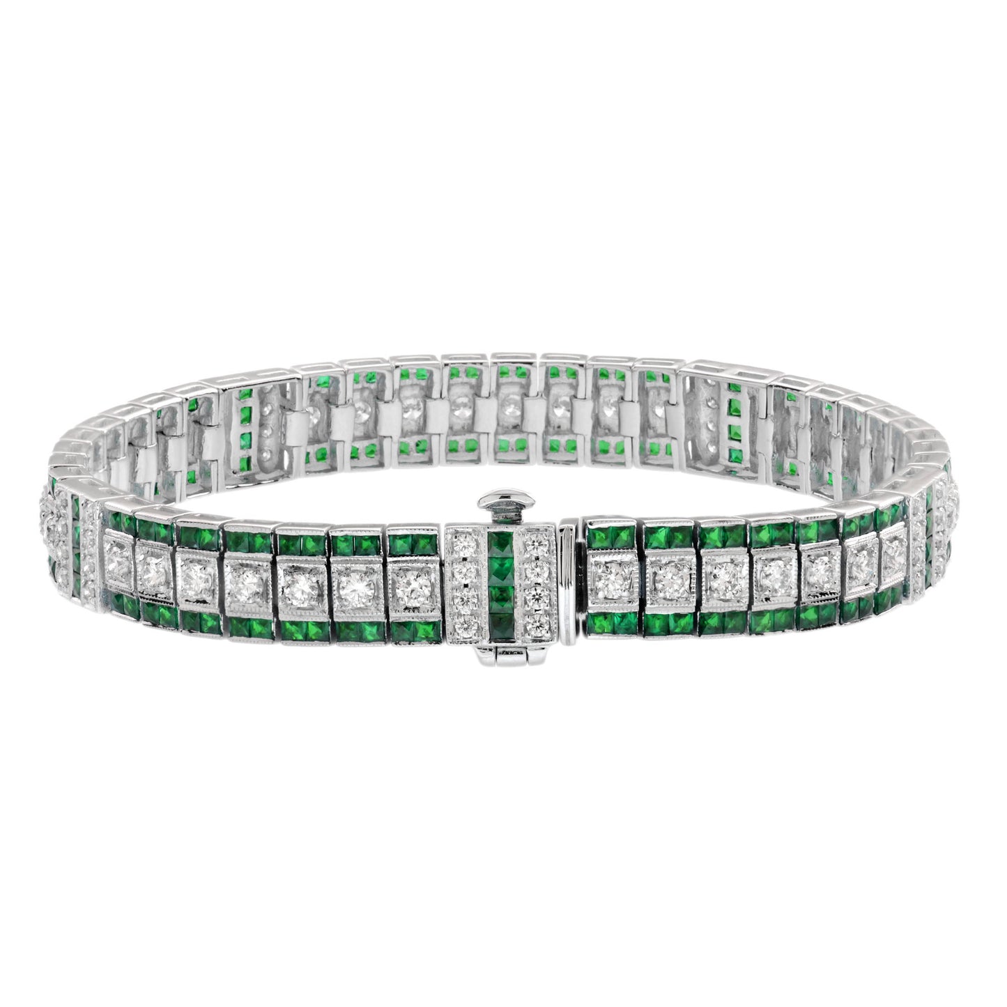 diamond & green emerald vintage inspired art deco style link white gold bracelet