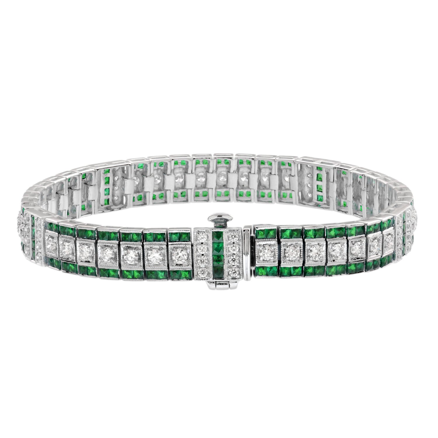 Diamond &amp; Green Emerald Vintage Inspired Art Deco Style Link White Gold Bracelet
