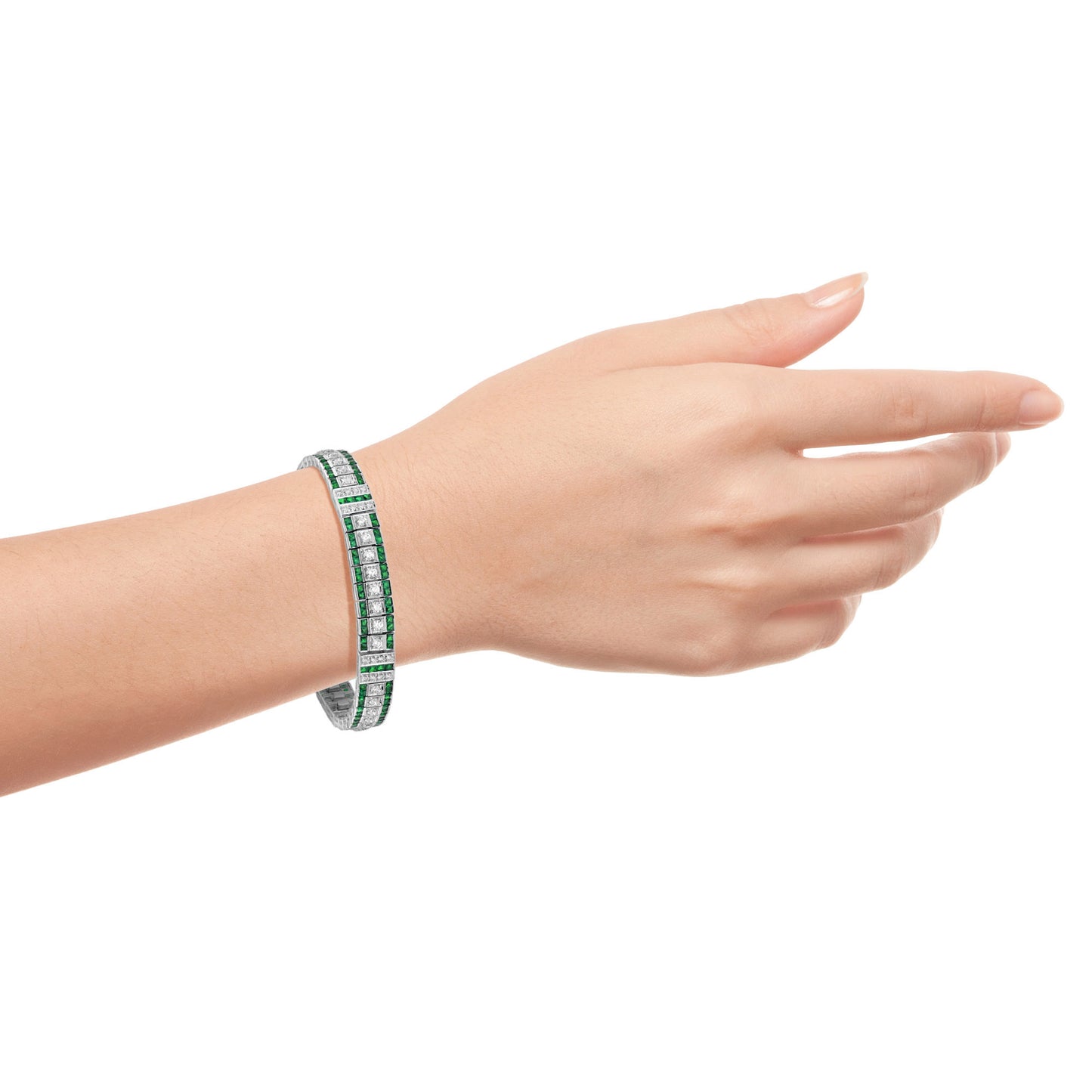 diamond & green emerald vintage inspired art deco style link white gold bracelet
