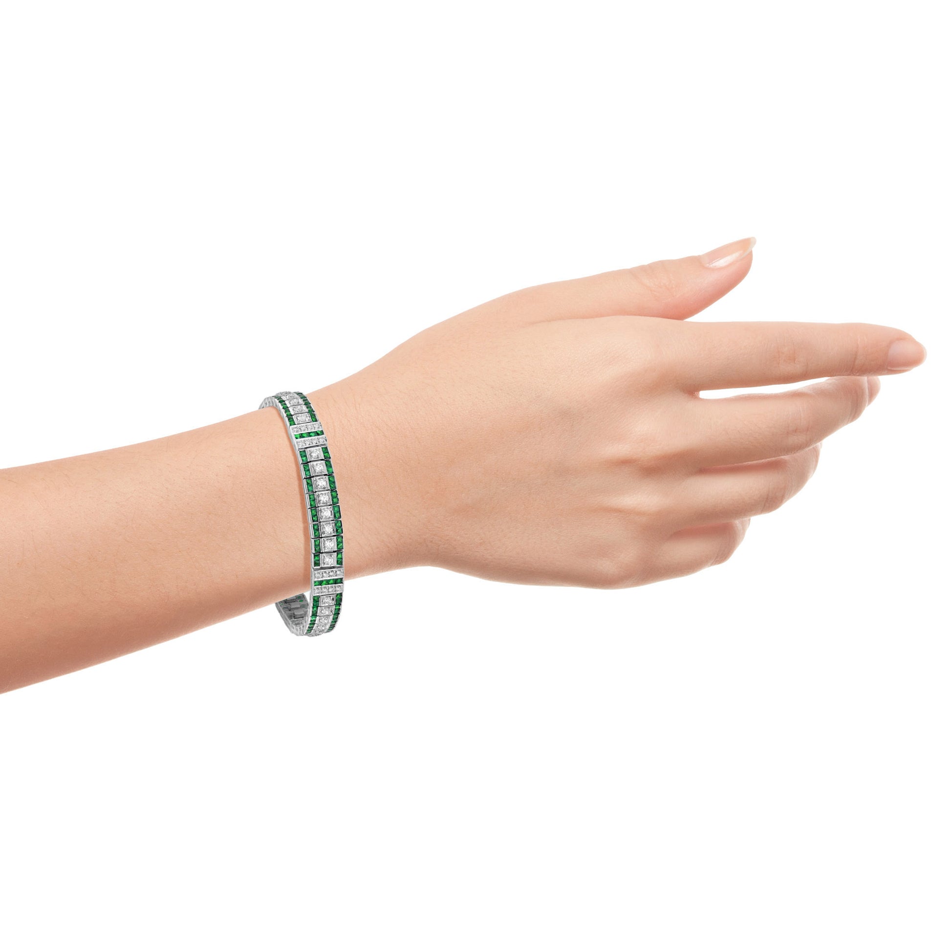 Diamond & Green Emerald Vintage Inspired Art Deco Style Link White Gold Bracelet