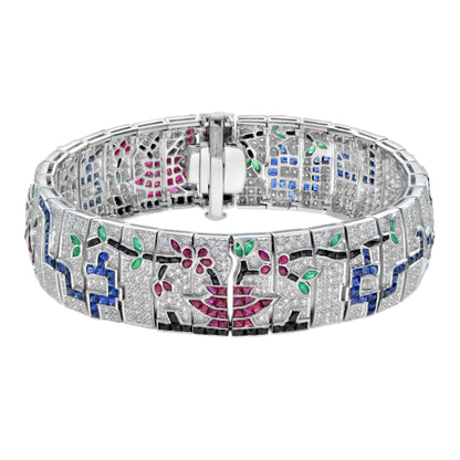 Treasures of Multi Gemstones Antique Inspired 18K White Gold Unique Bracelet