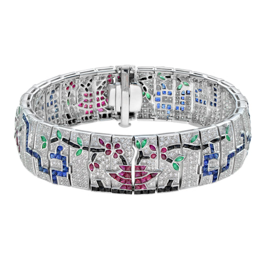 Treasures of Multi Gemstones Antique Inspired 18K White Gold Unique Bracelet
