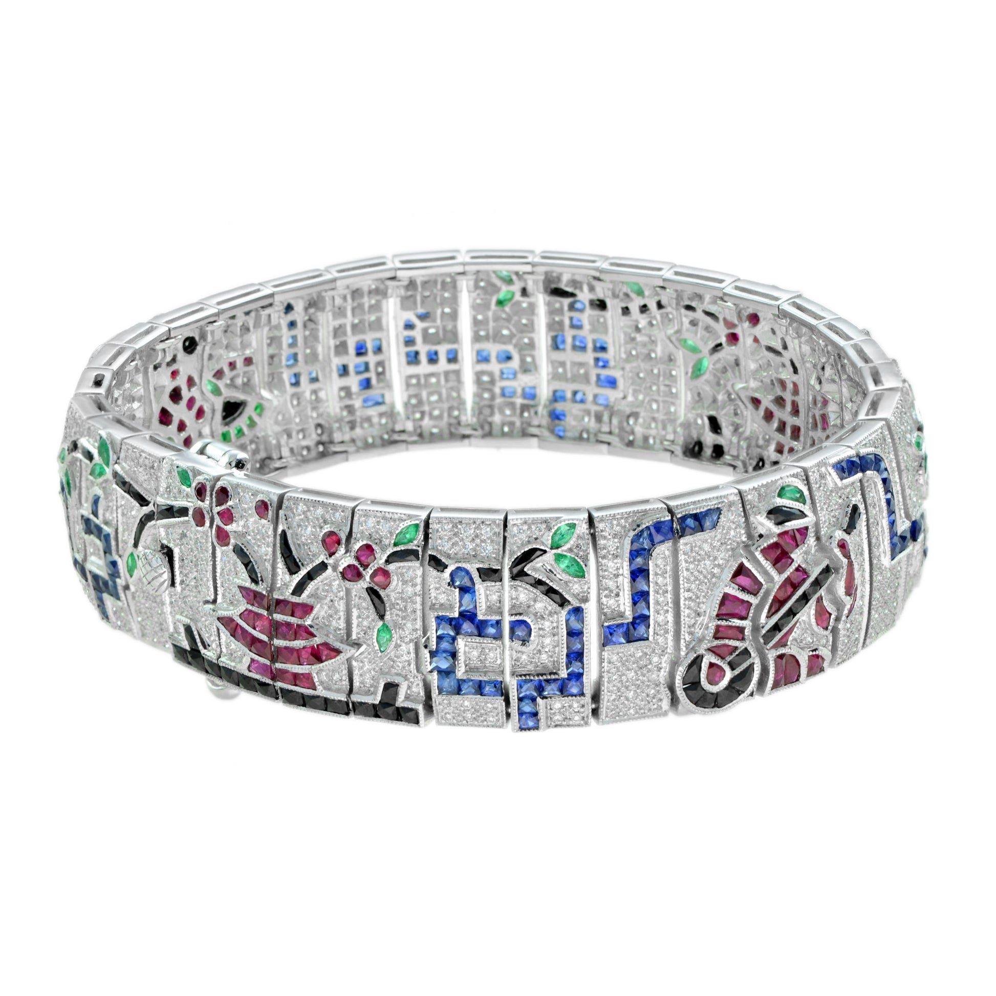 Treasures of Multi Gemstones Antique Inspired 18K White Gold Unique Bracelet