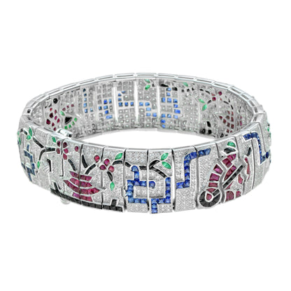 Treasures of Multi Gemstones Antique Inspired 18K White Gold Unique Bracelet
