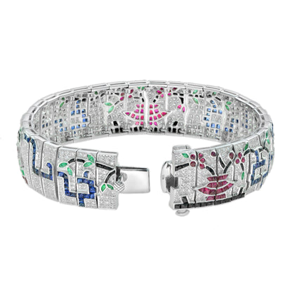 Treasures of Multi Gemstones Antique Inspired 18K White Gold Unique Bracelet