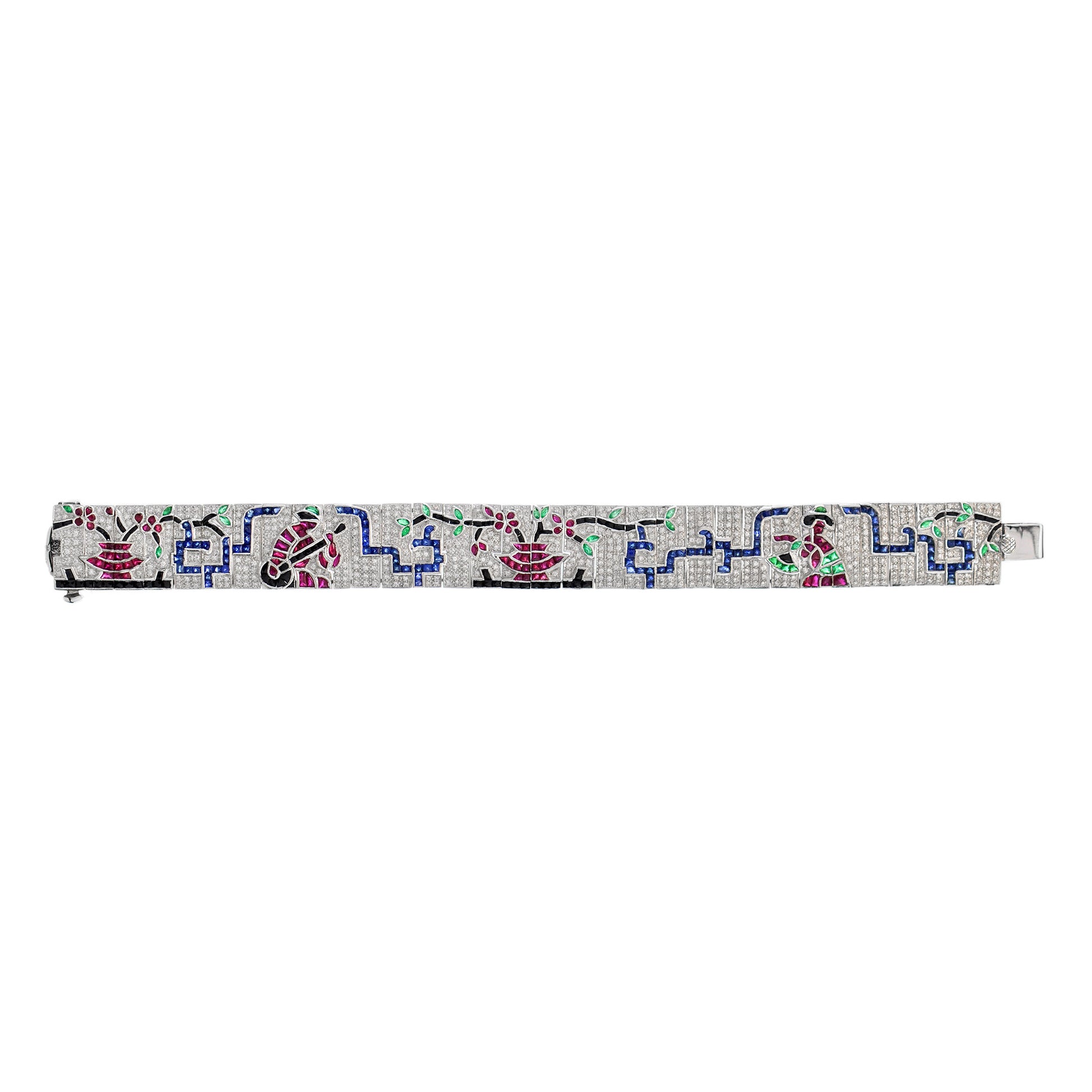 Treasures of Multi Gemstones Antique Inspired 18K White Gold Unique Bracelet
