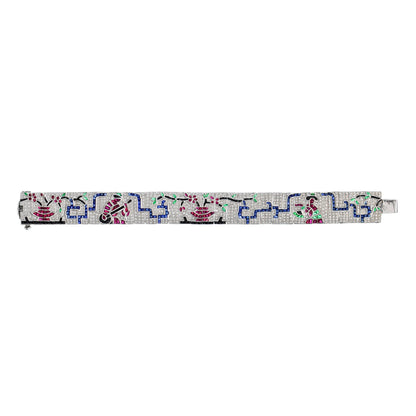 Treasures of Multi Gemstones Antique Inspired 18K White Gold Unique Bracelet