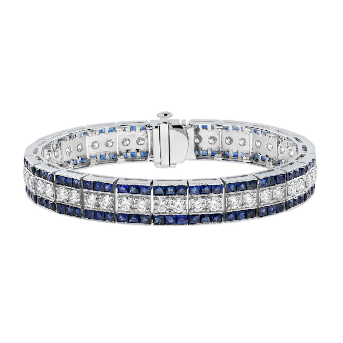 Diamond & Blue Sapphire Art Deco Style Line Tennis Statement Platinum Bracelet