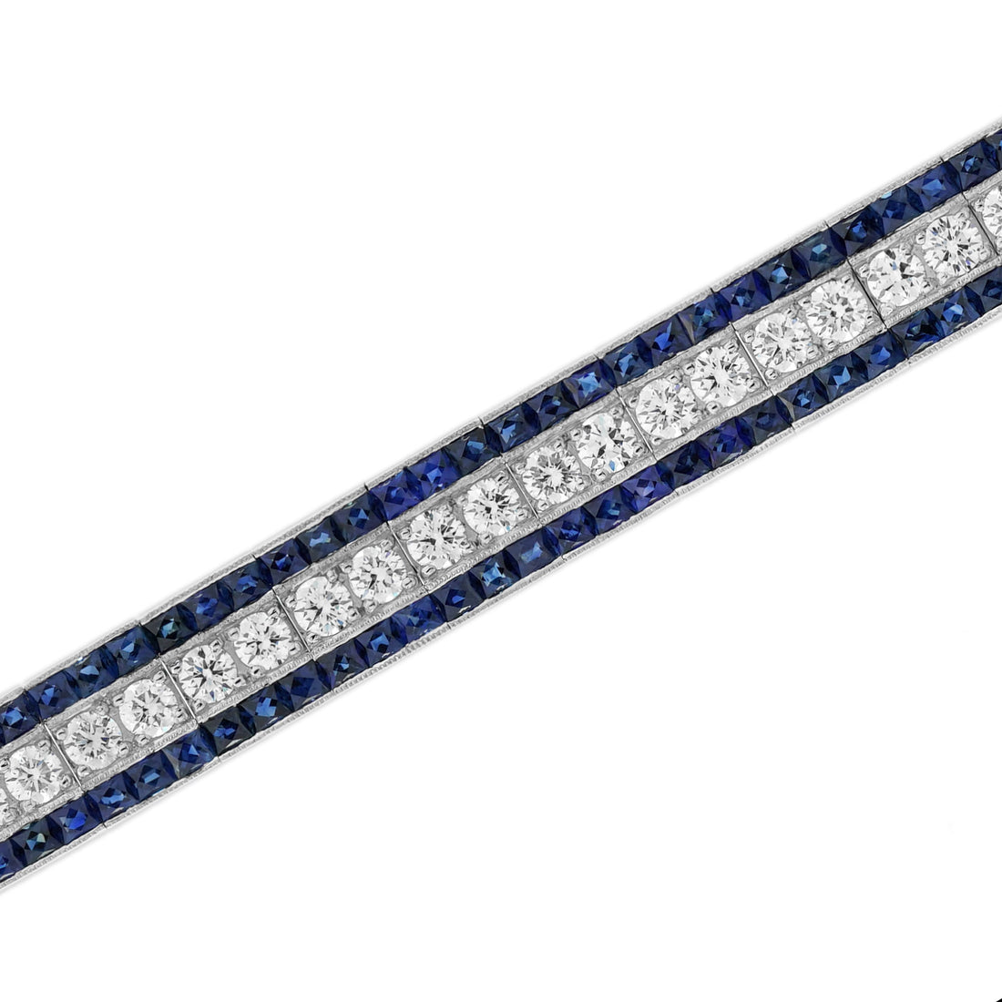 Diamond &amp; Blue Sapphire Art Deco Style Line Tennis Statement Platinum Bracelet