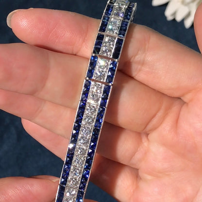 Diamond & Blue Sapphire Art Deco Style Line Tennis Statement Platinum Bracelet