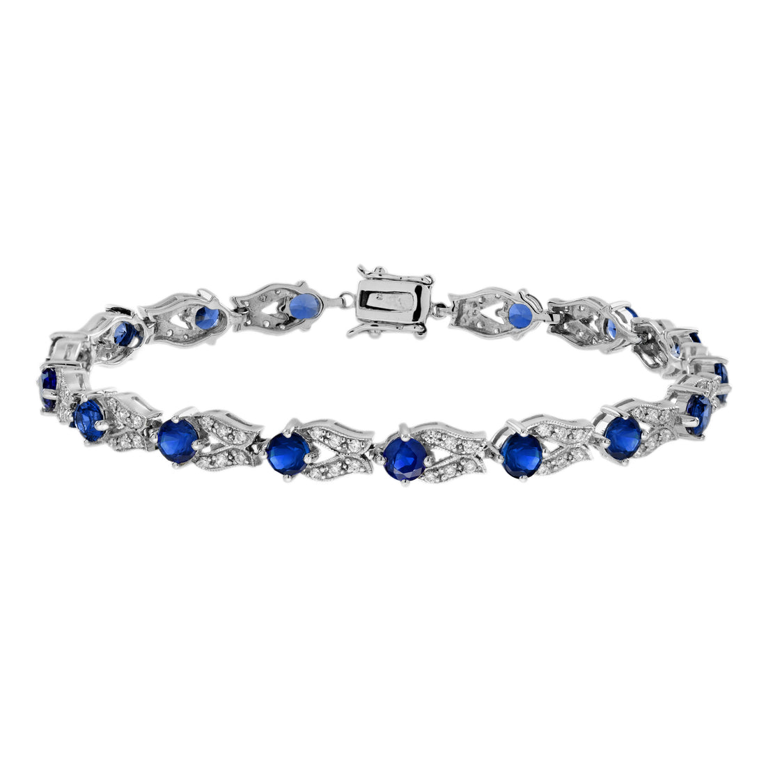 Blue Sapphire & Diamond Vintage Inspired Antique Style Link White Gold Bracelet